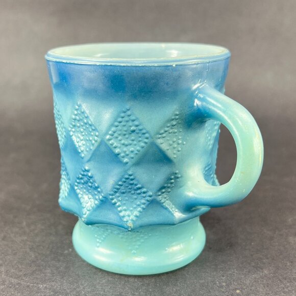 Vtg Anchor Hocking Fire King Kimberly Blue Glass Coffee Mug Diamond USA Retro - Picture 10 of 16